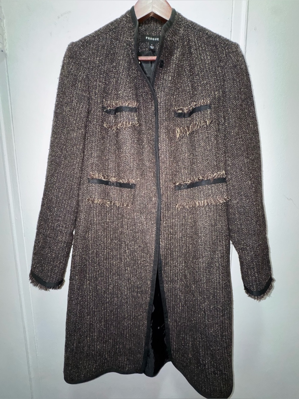 Prague Tweed Fringe Trim Long Coat in Brown Small Wool Blend
